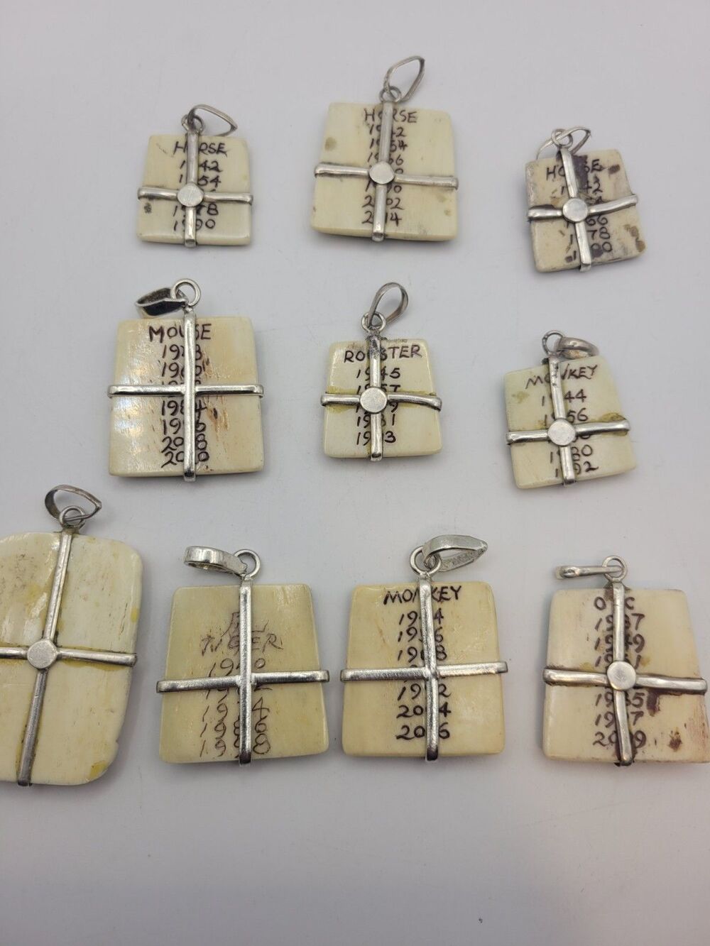 Vintage Hand-Carved Bone Chinese Zodiac Pendant Lot 10pc Sterling Silver READ - Picture 8 of 12